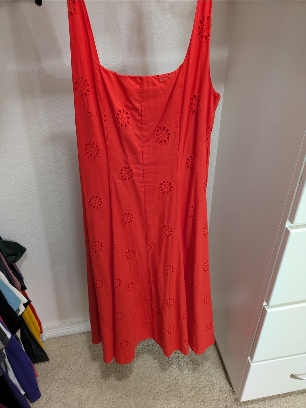Red Midi Dress with Eyelet Floral Cutouts